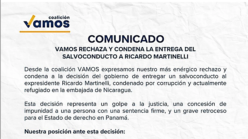 PANAMA EN DIRECTO - Vamos rechaza la decisión de otorgarle salvoconducto a Ricardo Martinelli